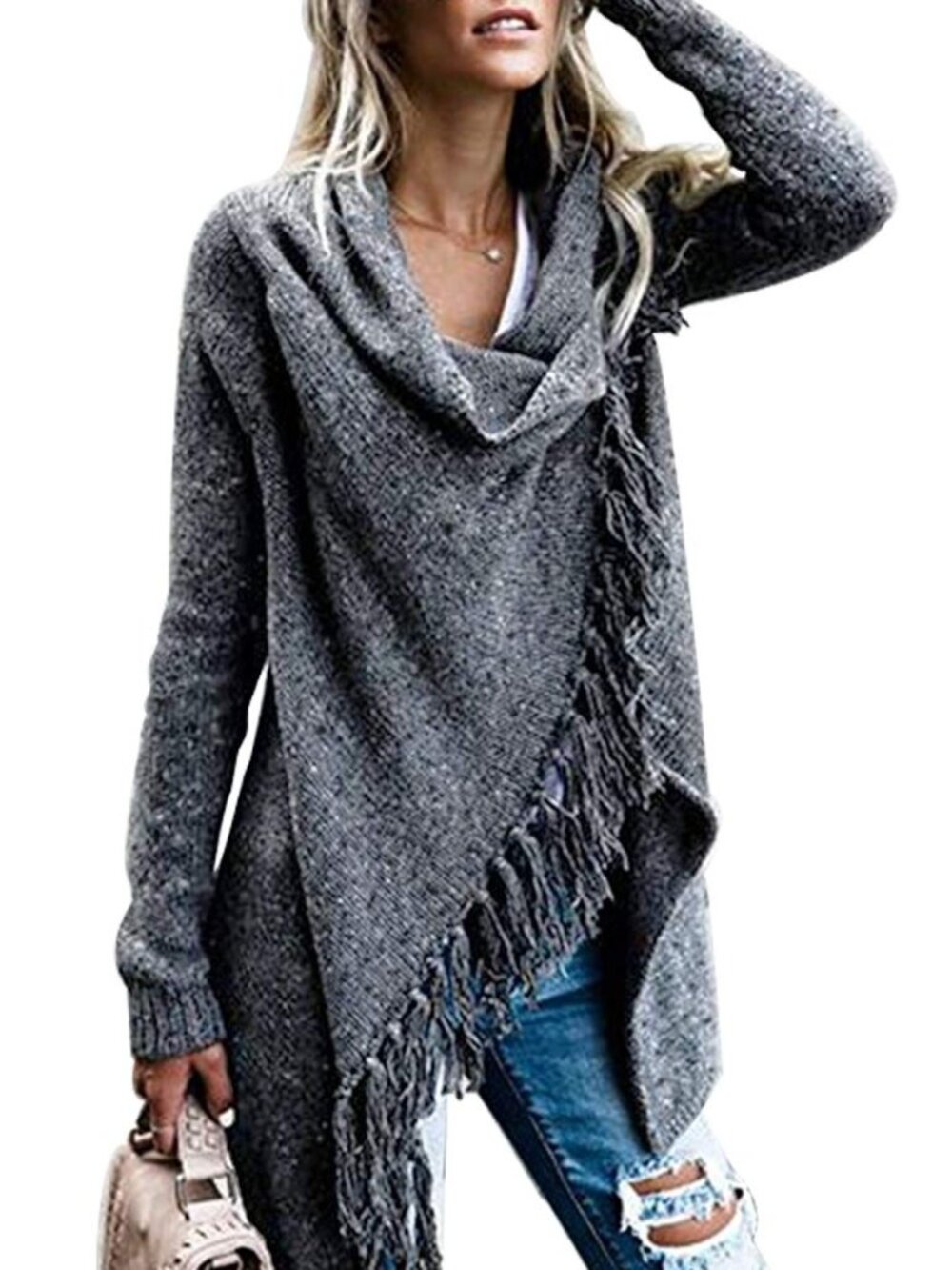 Women's Tassel Hem Sweater Long Cardigan Knitwer Pullover Poncho Coat